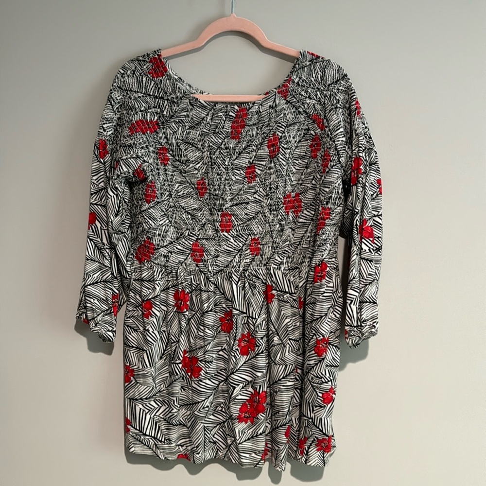 J. Jill Women’s Smocked 3/4 Sleeve Knit Top Black Palm Secret‎ Size Large - Picture 3 of 9